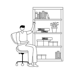 man in office with bookshelf books and workspace white background line style