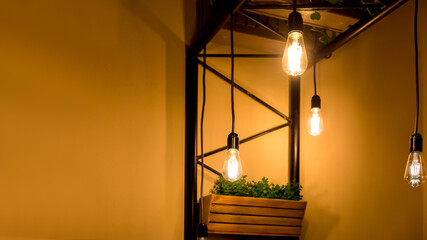 pendant edison bulbs in a cafe with wooden pots with green plants, vegetarian eco friendly interior...