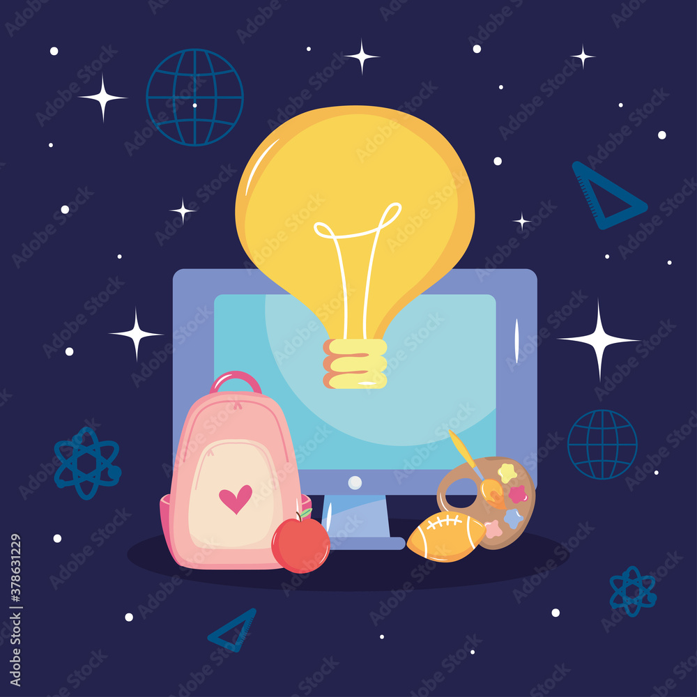 Poster back to school design with computer, bulb light and related icons