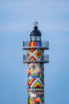 Cabo de Ajo Lighthouse painted by the painter Okuda San Miguel, specialized in Urban Art. Ajo, Bareyo Municipality, Cantabria, Cantabrian Sea, Spain, Europe