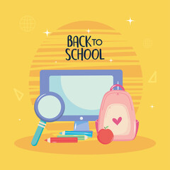 back to school design with computer, school backpack and colored pencils