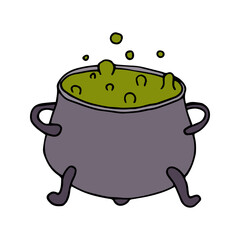 Happy Halloween. Single cauldron of poisonous potion with bubbles icon . Hand drawn vector illustration in doodle style outline drawing isolated on white background.