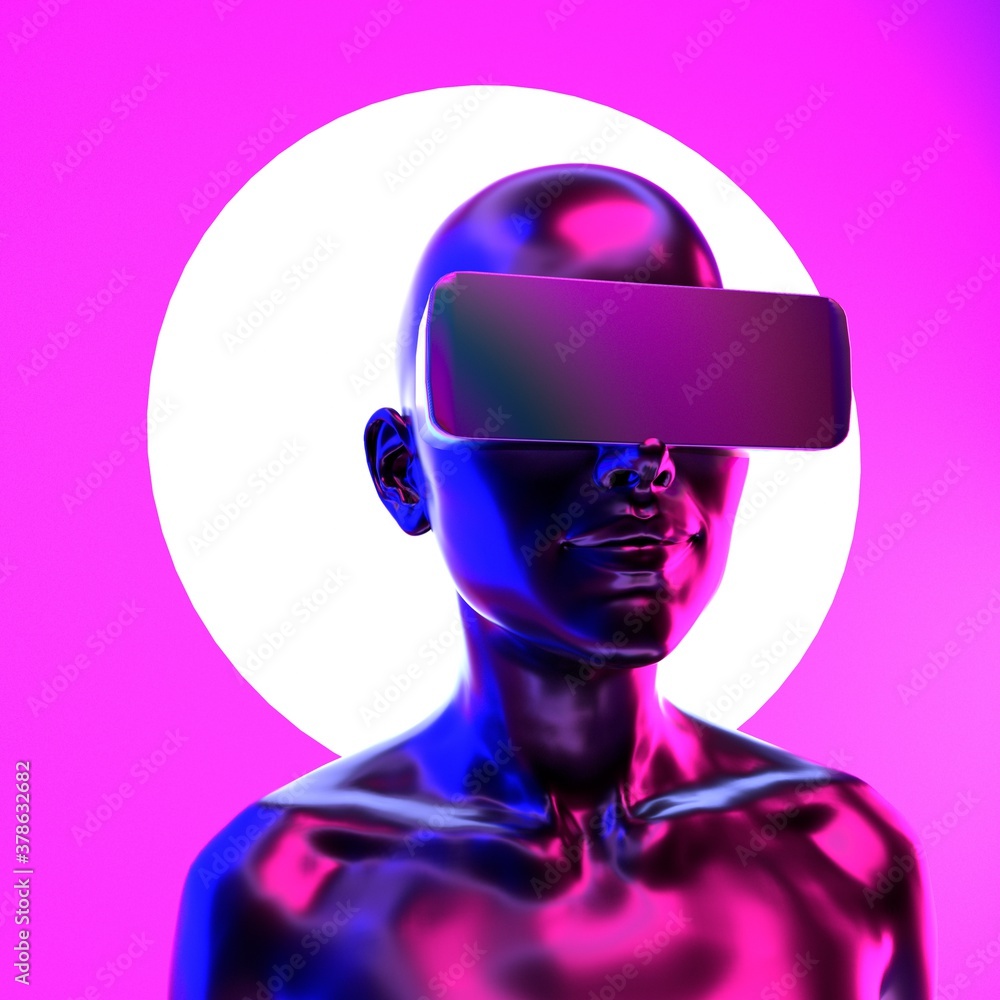 Poster human in vr glasses on pink background. 3d rendering conceptual illustration of robotics, artificial