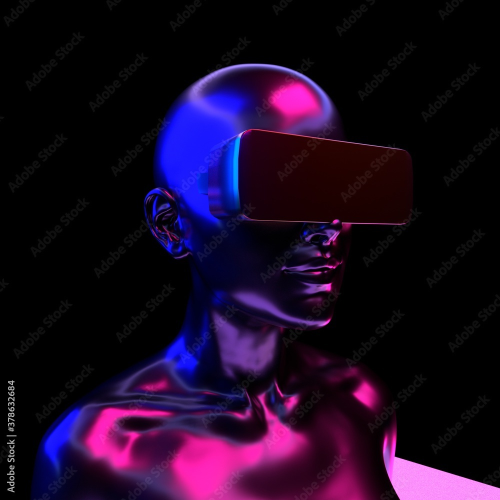 Poster human in vr glasses on black background. 3d rendering conceptual illustration of robotics, artificia