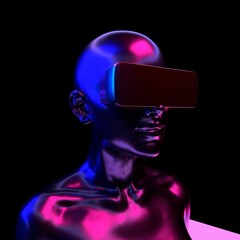 Human in VR glasses on black background. 3D rendering Conceptual illustration of Robotics, Artificial Intelligence and Virtual Reality.