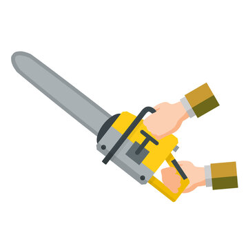 Chainsaw. Technical work with wood. Woodcutter tool in hand. Flat cartoon icon