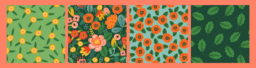 Set of Folk floral seamless patterns. Modern abstract design