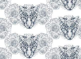 
Graphic leopard with rose flowers seamless pattern