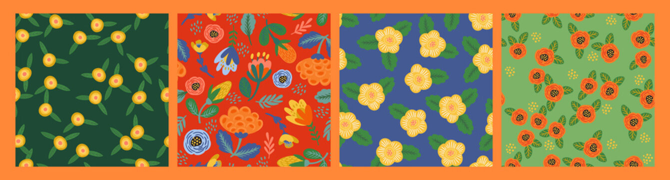 Fototapeta Set of Folk floral seamless patterns. Modern abstract design