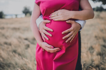 Male and female hands hug a pregnant belly. Pregnant european girl in a pink dress. against the...