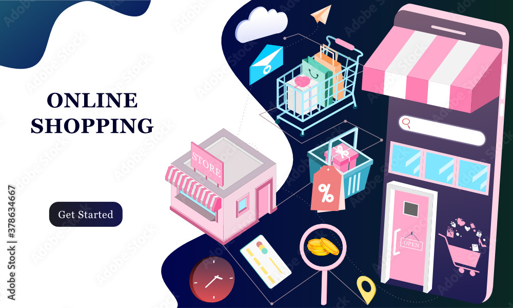 Aufkleber landing page of 3d isometric online shopping on websites or mobile applications concepts of vector e