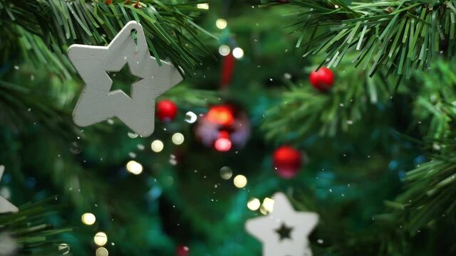 Christmas tree decoration with falling snow, smooth motion camera with parallax effect