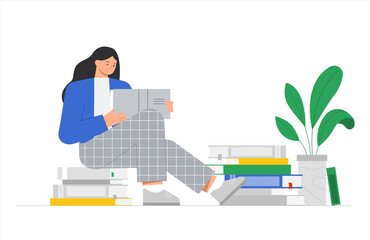 Young woman is sitting on a stack of books and reading a book, next to a flower. Concepts of education and knowledge, book day. Trendy flat vector illustration.