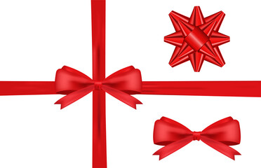 Realistic Red bow and horizontal ribbon shiny satin for decoration gifts, greetings, holidays. Stock vector illustration isolated on white background.