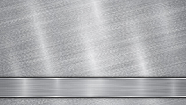 Background in silver and gray colors, consisting of a shiny metallic surface and one horizontal polished plate located below, with a metal texture, glares and burnished edges