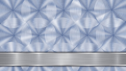 Background consisting of a blue shiny metallic surface and one horizontal polished silver plate located below, with a metal texture, glares and burnished edges