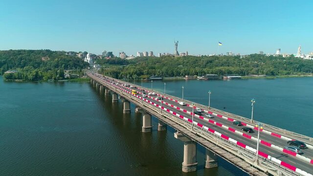 Aerial drone footage. Fly above Paton's bridge during reconstruction