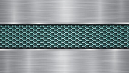 Background of light blue perforated metallic surface with holes and two horizontal silver polished plates with a metal texture, glares and shiny edges