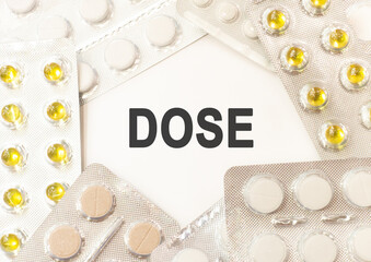 Text dose on white background. There are various pills and vitamins around. Medical concept