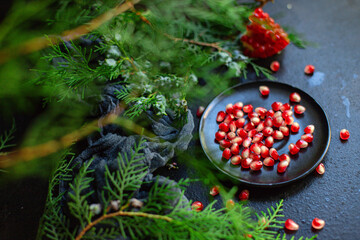 pomegranate red fruit sweet on the table new year tasty treat christmas serving size top view copy space for text food background rustic