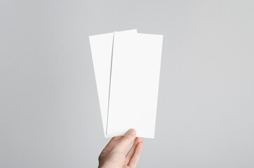 DL Flyer Mock-Up - Male hands holding blank flyers on a gray background.