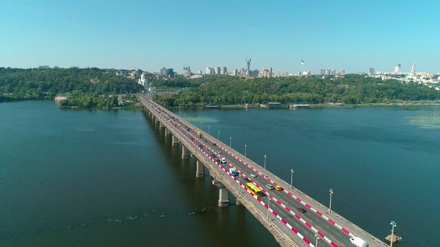 Aerial drone footage. Fly above Paton's bridge during reconstruction
