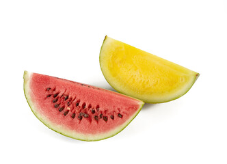 yellow and red water melon slices isolated on white background