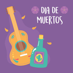 day of the dead, tequila bottle and guitar, mexican celebration