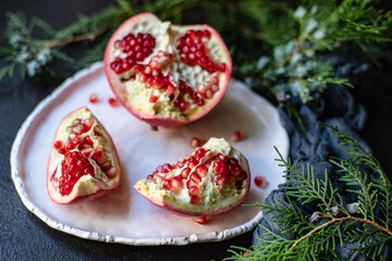 pomegranate red fruit sweet on the table new year tasty treat christmas serving size top view copy space for text food background rustic