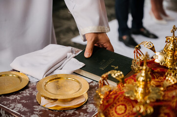 Two wedding crowns in church close up