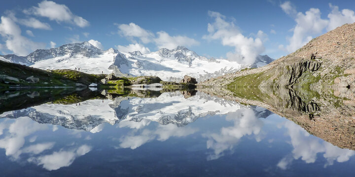 Panoramabild eines Bergsees in dem sich ein Gletscher spiegelt
