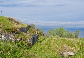 Fototapeta na wymiar Evenes fjord, Battlefields in Norway,Historically, Bogen, Evenes is most notable for small-scale iron ore mining in the early 20th century as well as being a German naval base during World War II, inc