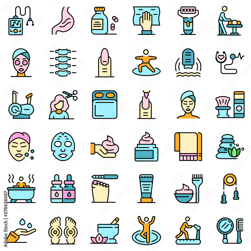 Wall mural self-care icons set. outline set of self-care vector icons thin line color flat on white - Wall murals