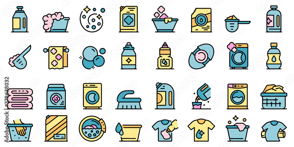 Poster softener icons set. outline set of softener vector icons thin line color flat on white