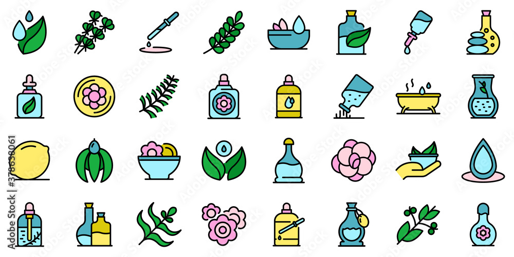 Aufkleber essential oils icons set. outline set of essential oils vector icons thin line color flat on white