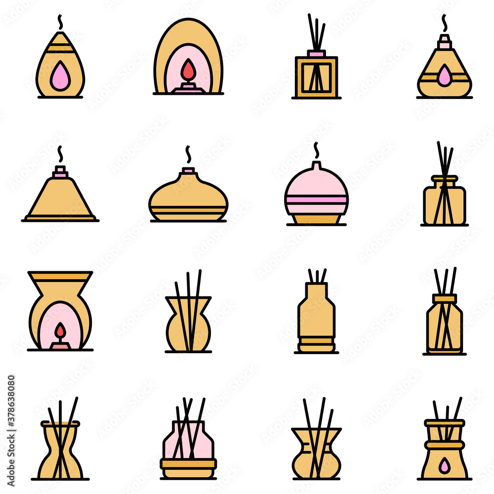 Poster diffuser icons set. outline set of diffuser vector icons thin line color flat on white