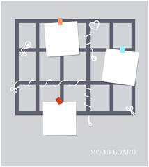 Sticky notes on floral style pinboard palette, pastel blue shades color mood board template.Modern design home decor.Decorative vector collage composition for presentation and photo frame