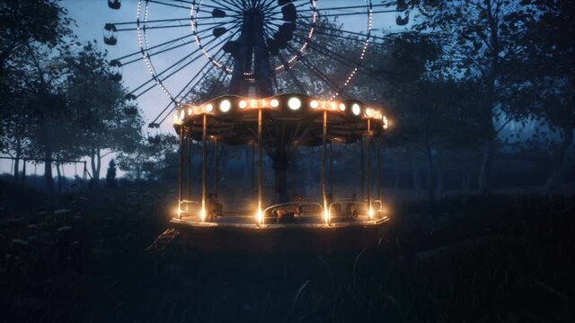 Abandoned Carousel and Ferris wheel in an amusement Park in an abandoned city. The concept of a post-apocalyptic world after a nuclear war.