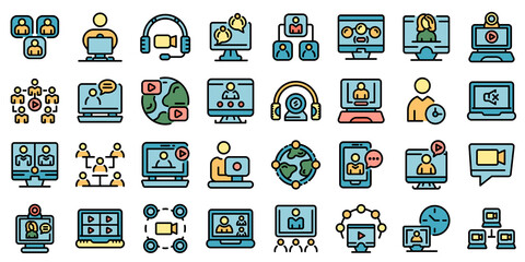 Online meeting icons set. Outline set of online meeting vector icons thin line color flat on white