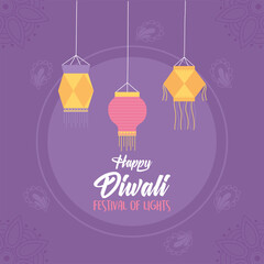 Naklejka premium happy diwali, purple background hanging lanterns festival lights, vector design