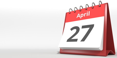 April 27 date on the flip calendar page, 3d rendering