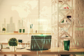 Double exposure of stock market graph drawing and office interior background. Concept of financial analysis.
