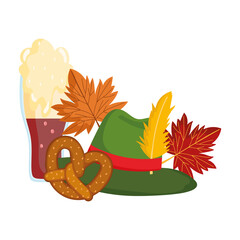 oktoberfest festival, green hat with feather pretzel and autunm leaves, celebration germany traditional