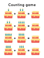 Educational counting game for preschool kids. Cute cartoon birthday cake with candles. Printable activity worksheet.