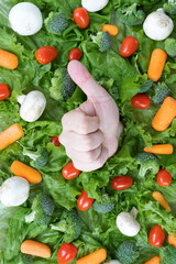 Many vegetables, lettuce, carrots, cherry tomatoes, mushrooms. Outstretched, reaching arm, hand, thumb up. Vegetarian organic healthy food. Creative photo with concept, idea of home food delivery