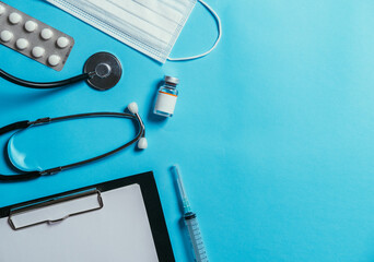 Medical equipment on blue background stock photo