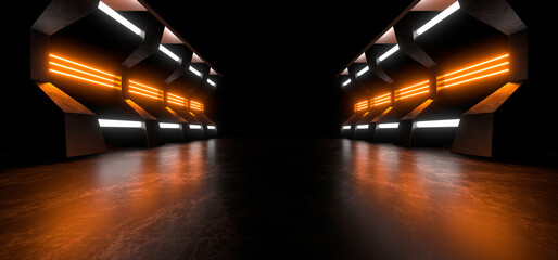 A dark corridor lit by colorful neon lights. Reflections on the floor and walls. 3d rendering image.