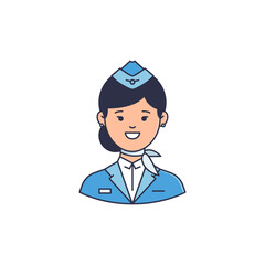 Stewardess in blue uniform avatar. Icon of Flight attendant. Stroke vector illustratin