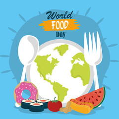 world food day, planet shaped dish spoon fork healthy lifestyle meal