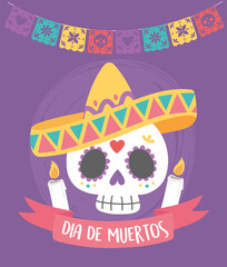 day of the dead, sugar skull with hat candles greeting card, mexican celebration